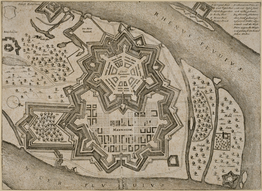 Plan Mannheims und der Festung Friedrichsburg vor dem Dreißigjährigen Krieg
Mannheim, Reiss-Engelhorn-Museen
Mathäus Merian, 17. Jahrhundert